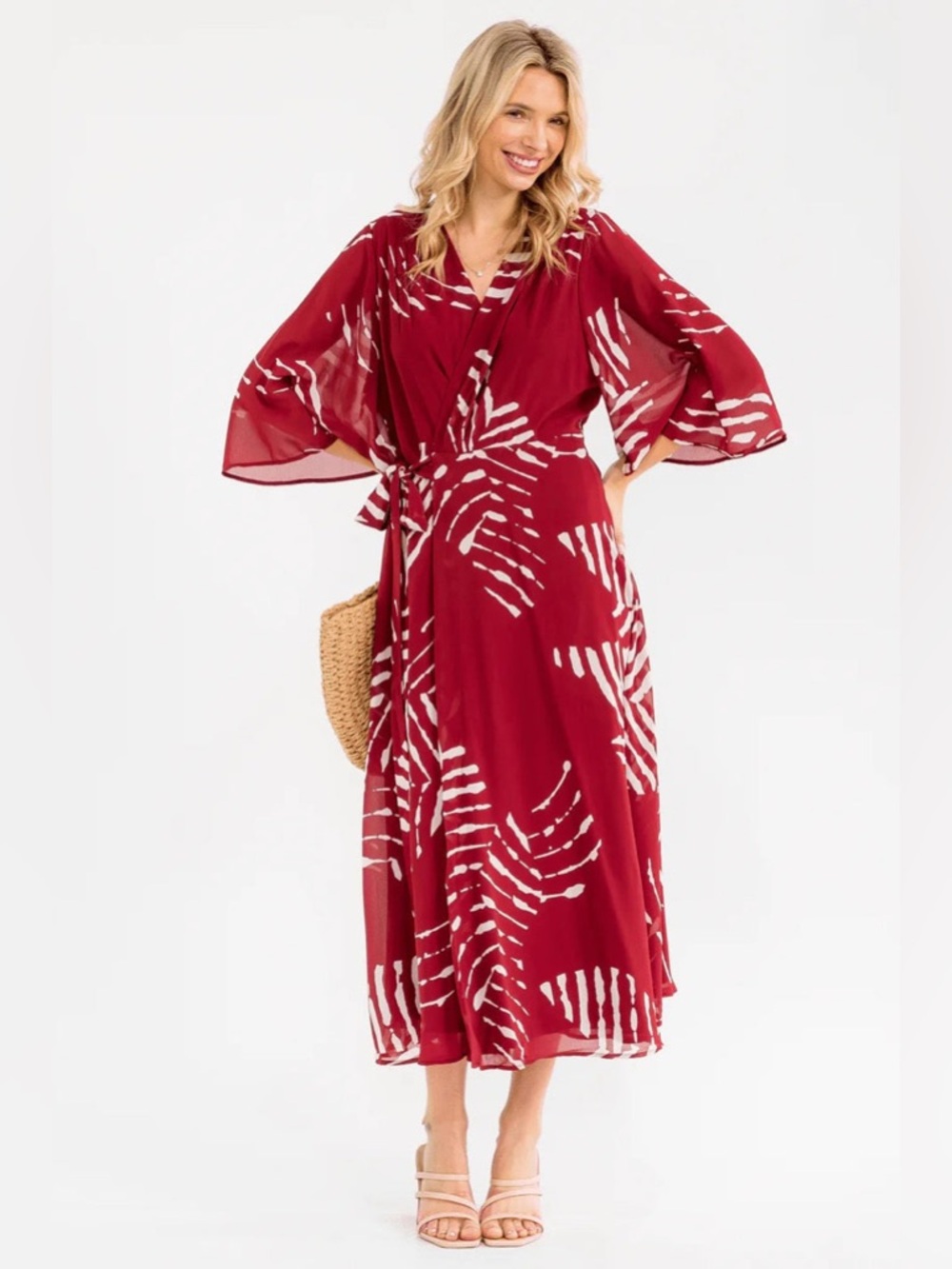 Red Abstract Print Wrap Midi Dress with Tie Waist and Flowy Sleeves - Picture 3 of 7